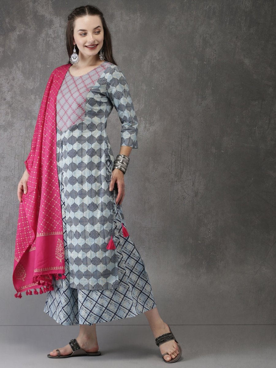 Anouk Women Blue & Pink Printed Kurta with Palazzos & Dupatta - Distacart