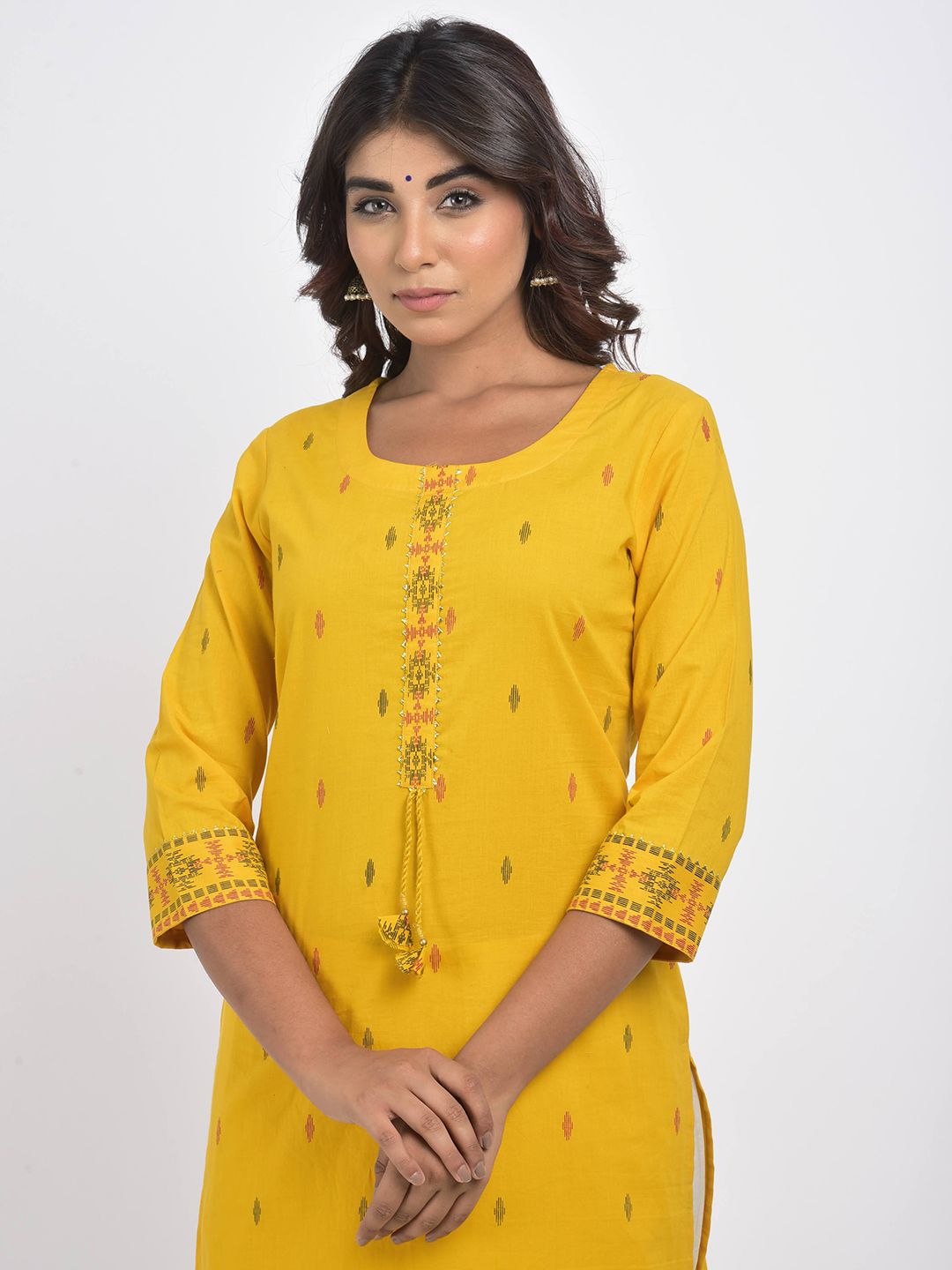Swasti Women Yellow Geometric Embroidered Mirror Work Floral Kurta - Distacart
