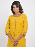 Thumbnail for Swasti Women Yellow Geometric Embroidered Mirror Work Floral Kurta - Distacart