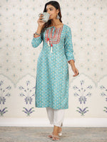 Thumbnail for Ode by House of Pataudi Sea Green Ethnic Printed Tie-Up Neck Gotta Patti Straight Kurta - Distacart
