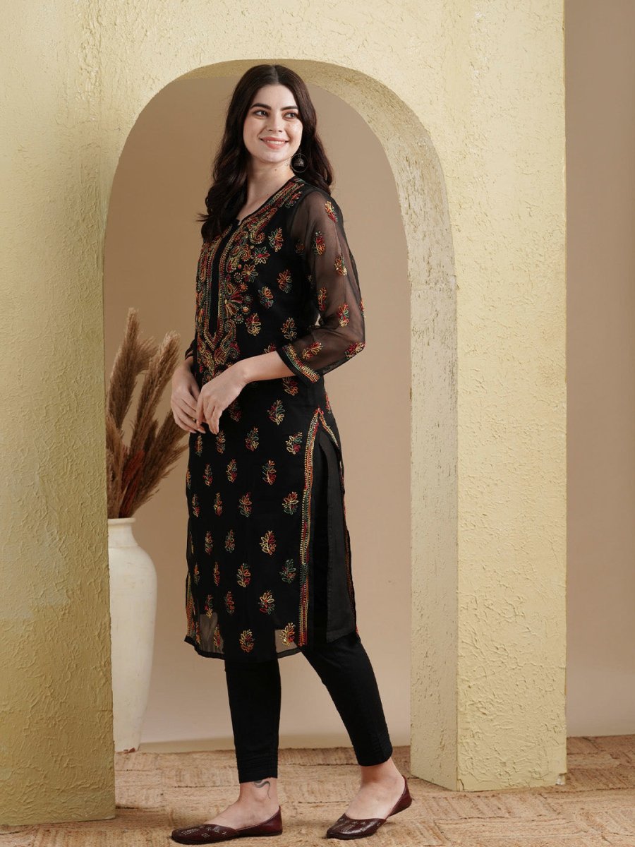 ADA Women Black Embroidered Regular Chikankari Kurta with Trousers - Distacart