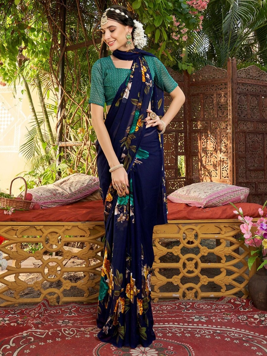 Anouk Navy Blue & Brown Floral Printed Saree - Distacart