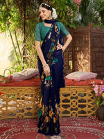 Thumbnail for Anouk Navy Blue & Brown Floral Printed Saree - Distacart