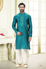 Thumbnail for Raivat Ethnic Jacquard Banarasi Silk Thread Work Kurta Pajama In Blue Colour - Distacart