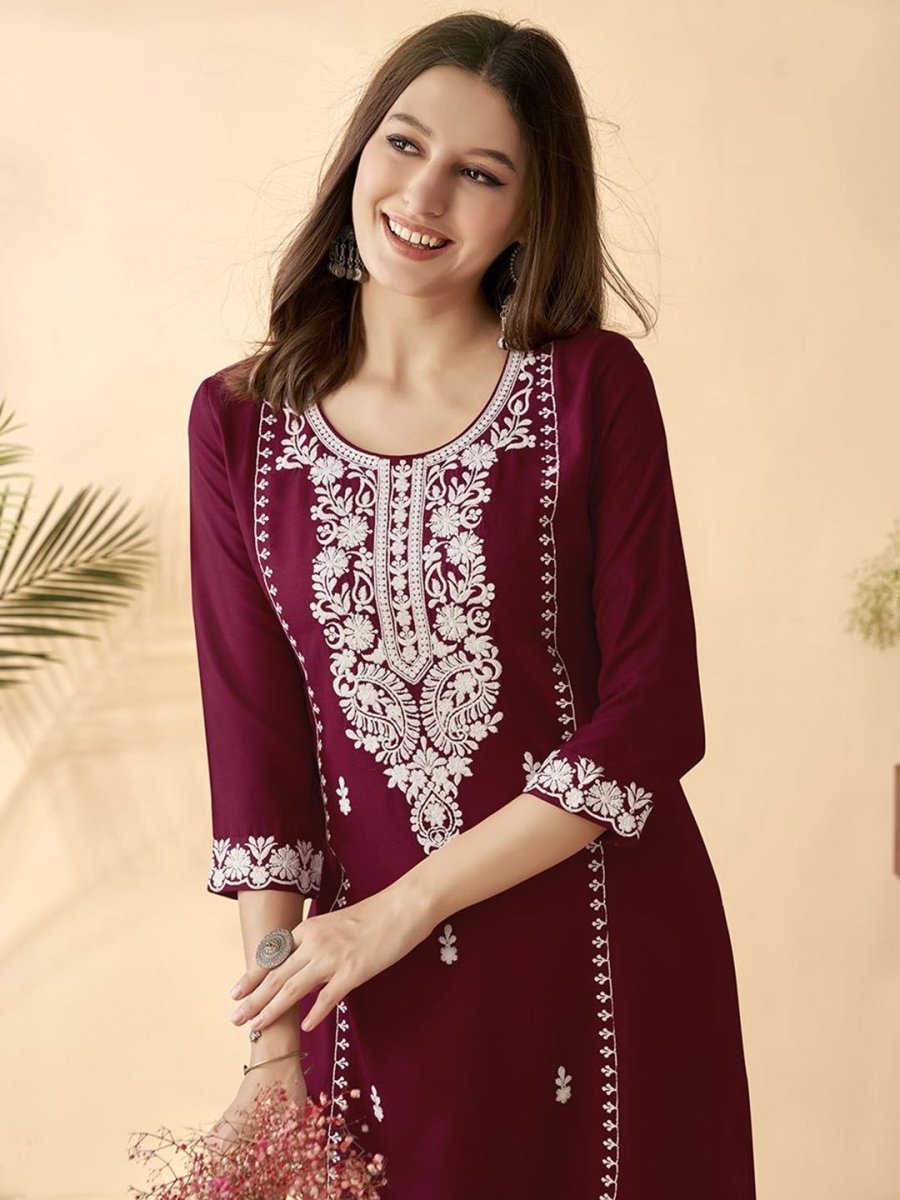 Anouk Maroon Ethnic Motifs Embroidered Round Neck Thread Work Straight Kurta - Distacart