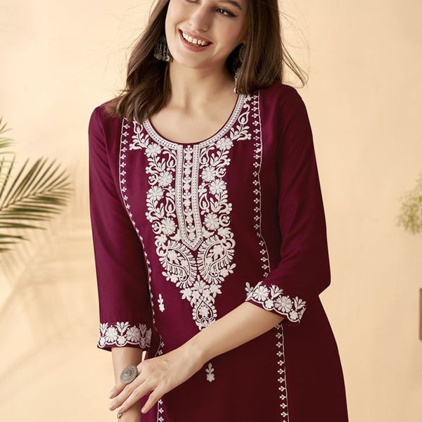 Anouk Maroon Ethnic Motifs Embroidered Round Neck Thread Work Straight Kurta - Distacart