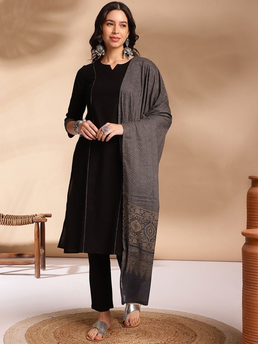 Anouk Contrast Cuff Kurta with Trousers & Dupatta - Distacart