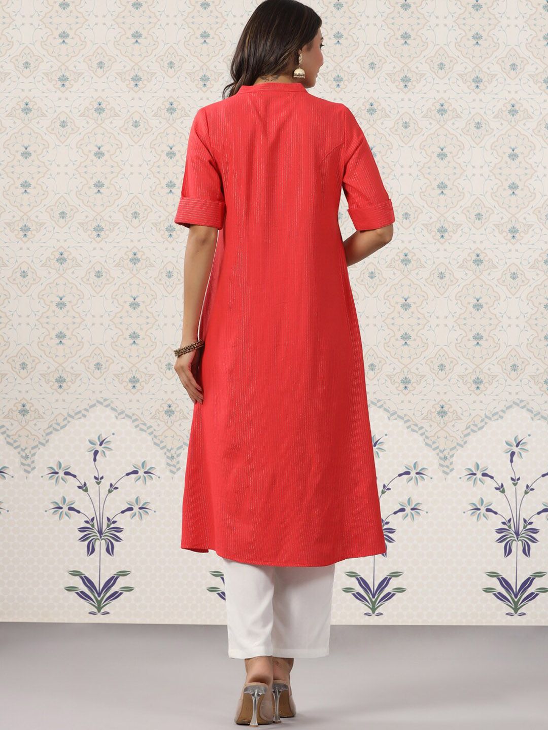 Ode by House of Pataudi Striped Mandarin Collar Roll Up Sleeves Kurta with Palazzos - Distacart