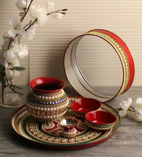 RIA Studio Karva Chauth Pooja Thali Set - Kundan Decorated Stainless Steel 6-Pieces (12 Inch)