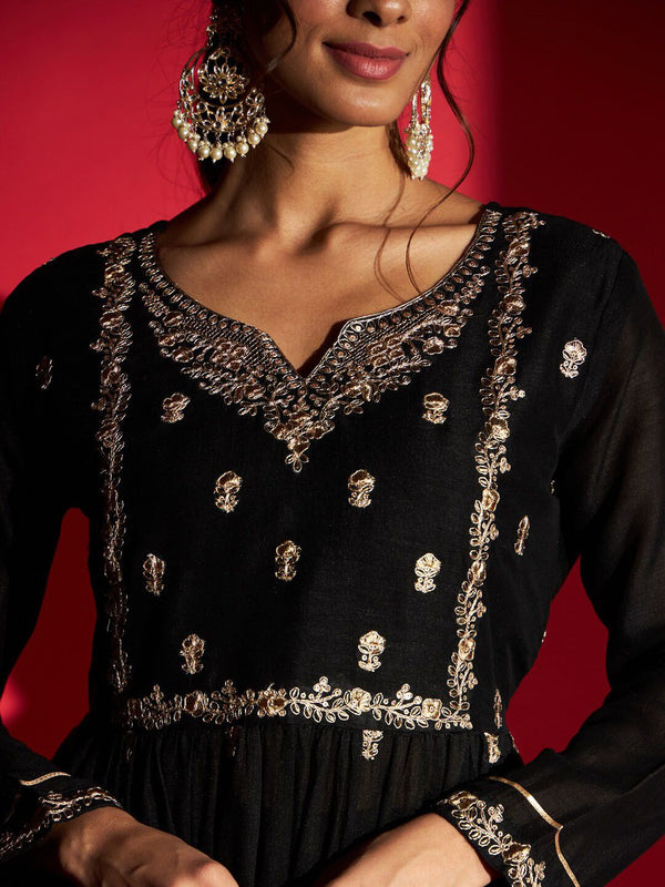 Kalini Ethnic Motifs Embroidered Thread Work Flared A-Line Kurta With Trousers