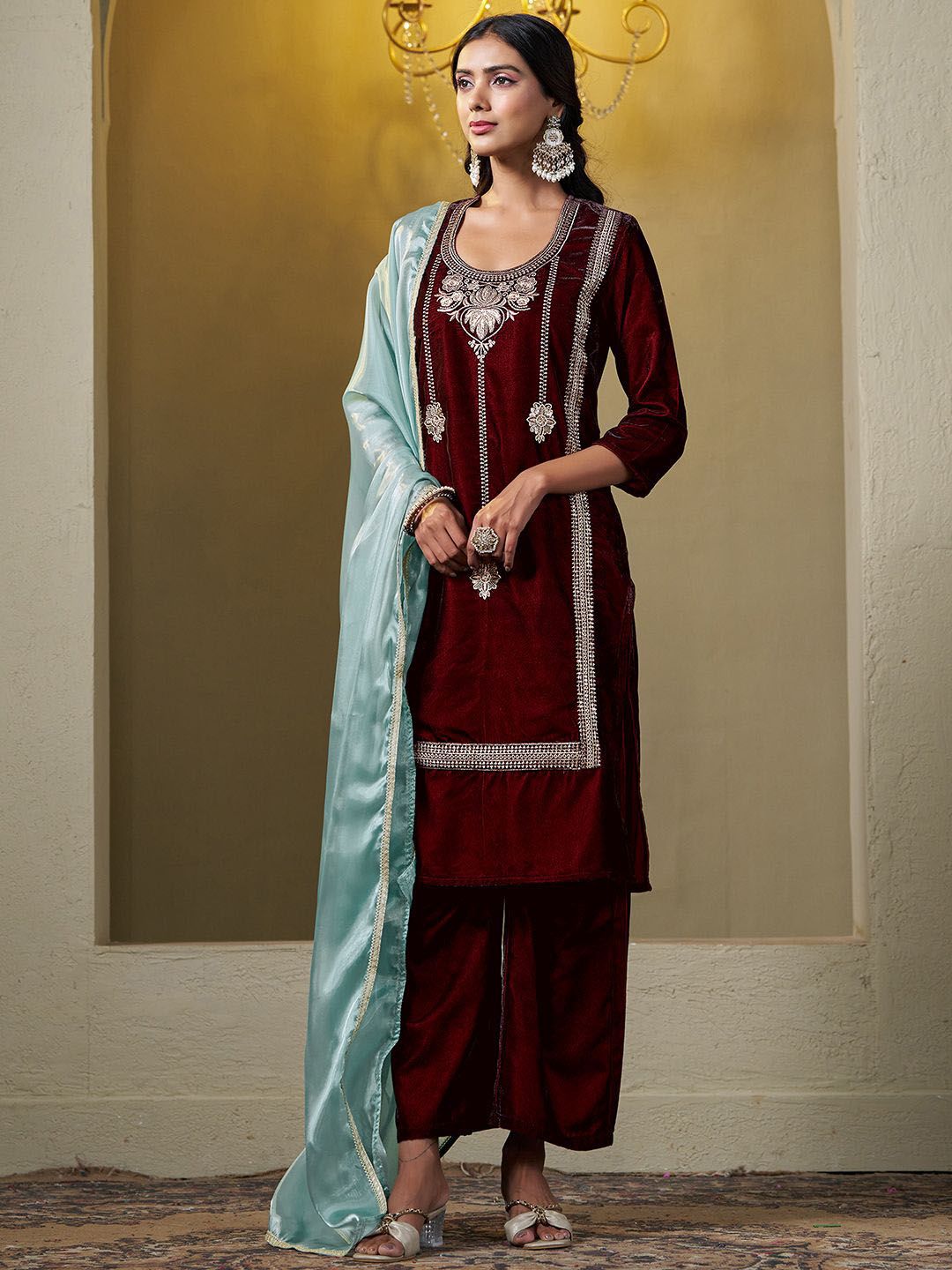 Sangria Embroidered Kurta & Trouser With Dupatta - Distacart