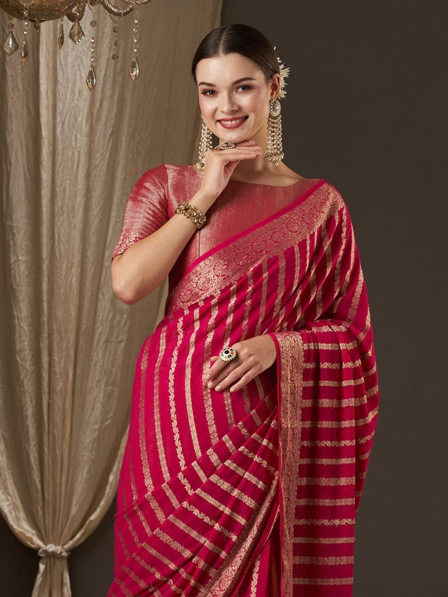 Anouk Pink & Gold-Toned Woven Design Zari Pure Georgette Kanjeevaram Saree - Distacart