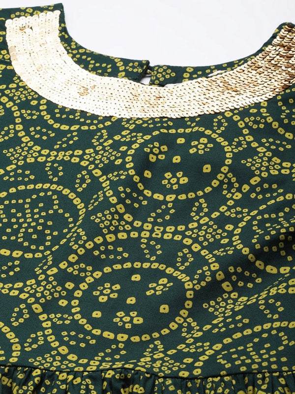 All About You Women Green Bandhani Printed Gathered Sequinned Kurti with Palazzos - Distacart