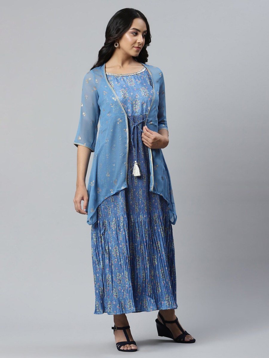 AURELIA Blue Ethnic Motifs Printed Layered Maxi Dress - Distacart