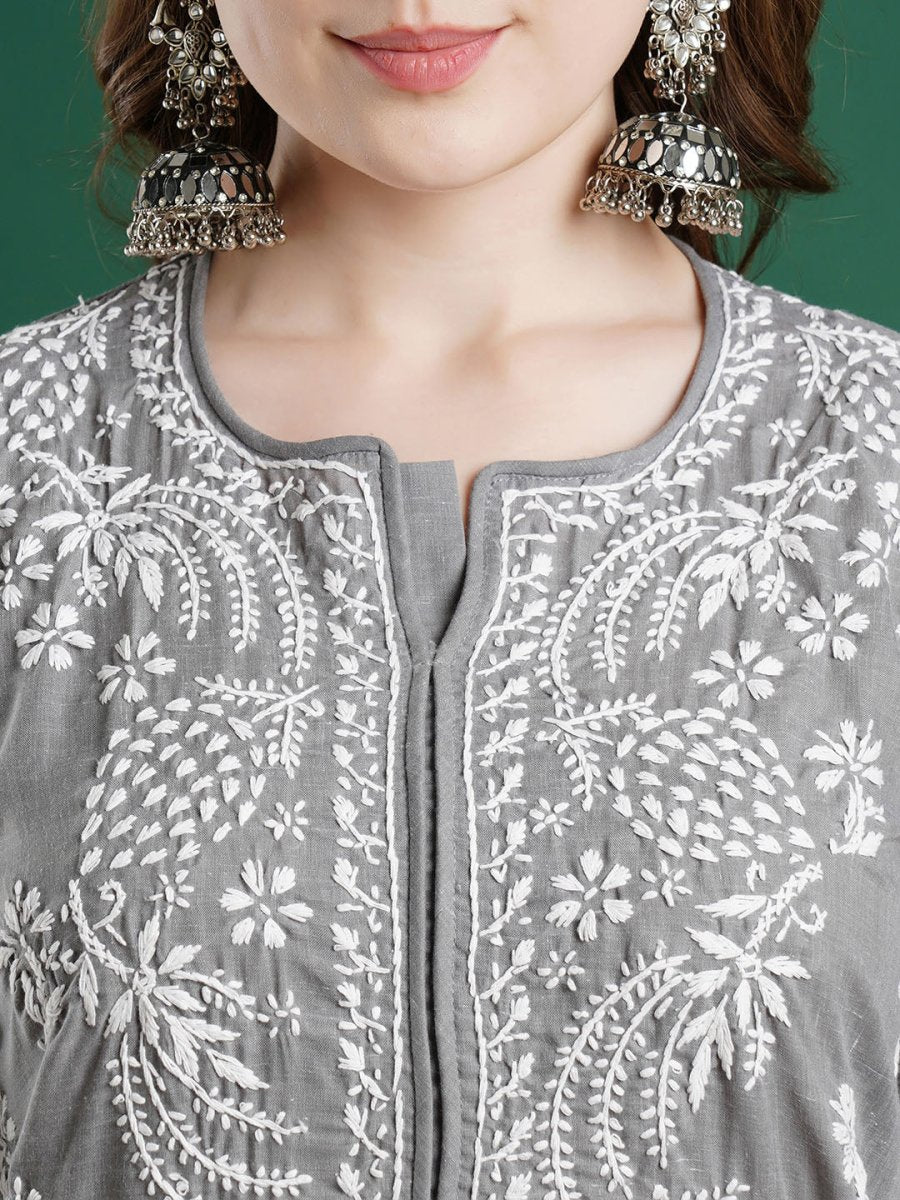 ADA Women Grey & White Chikankari Embroidered Straight Kurta - Distacart