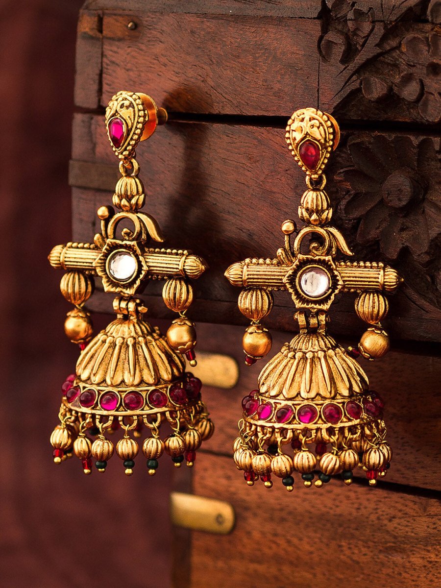 Aadita Gold-Toned Geometric Jhumkas Earrings - Distacart