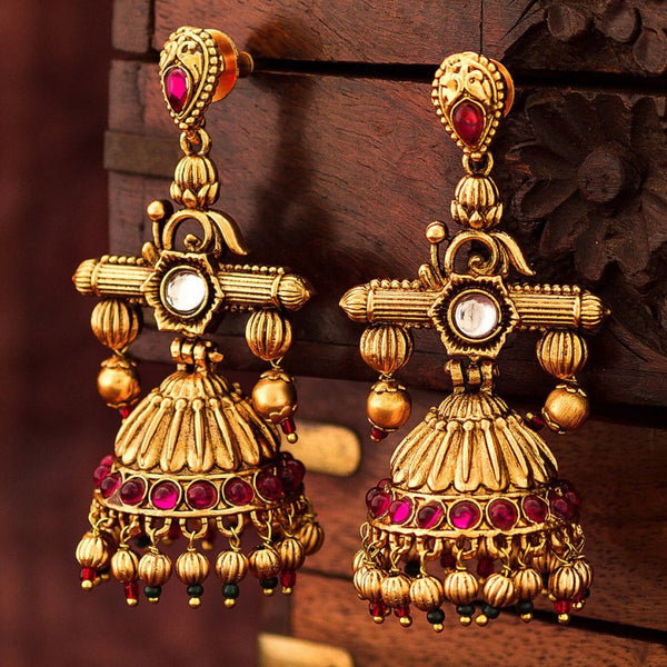 Aadita Gold-Toned Geometric Jhumkas Earrings - Distacart