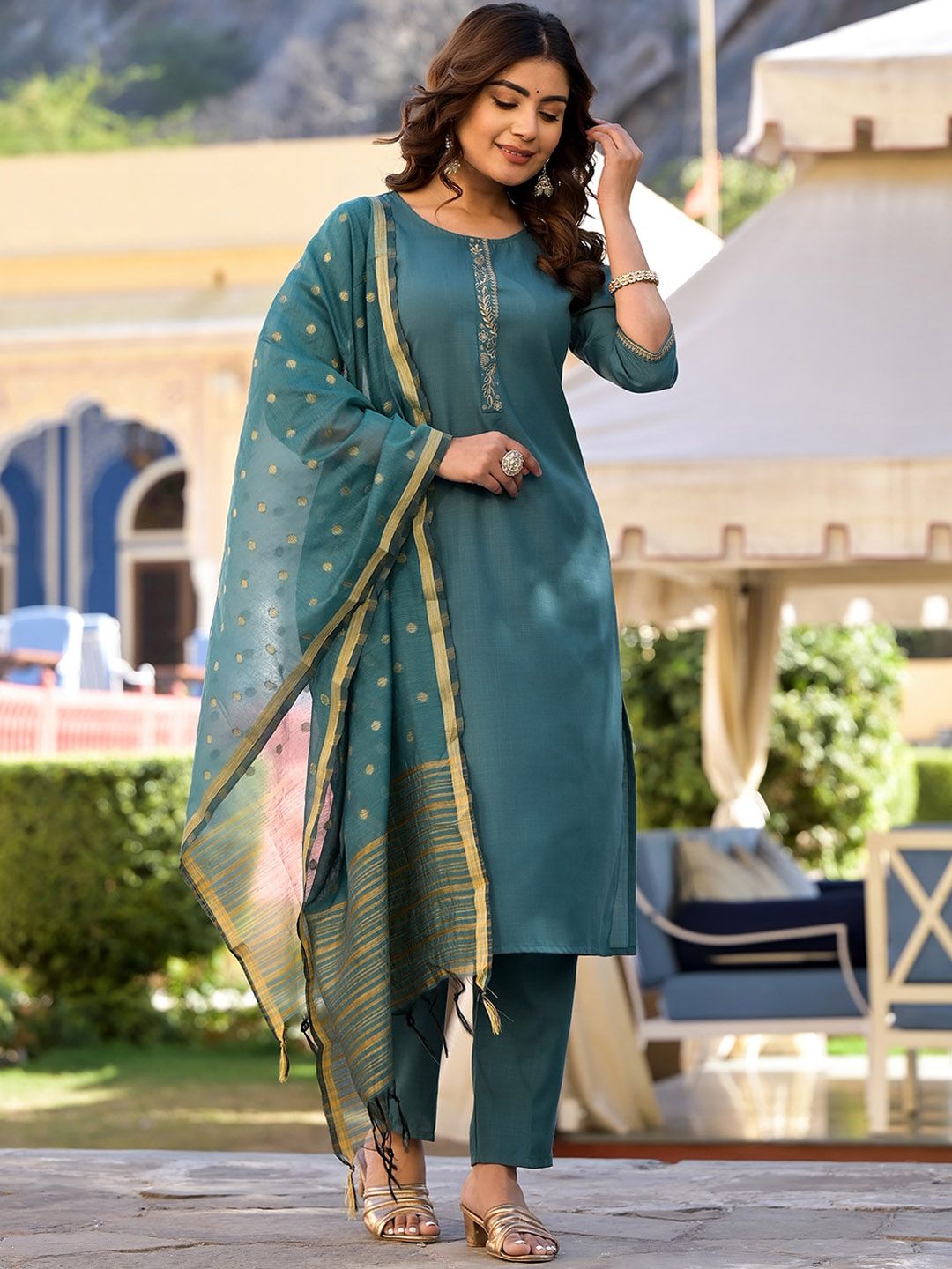 Vishudh Turquoise Blue Floral Yoke Design Straight Kurta & Trousers With Dupatta