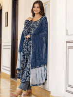 Thumbnail for Anouk Blue Floral Printed Empire Pure Cotton Anarkali Kurta With Pyjama & Dupatta