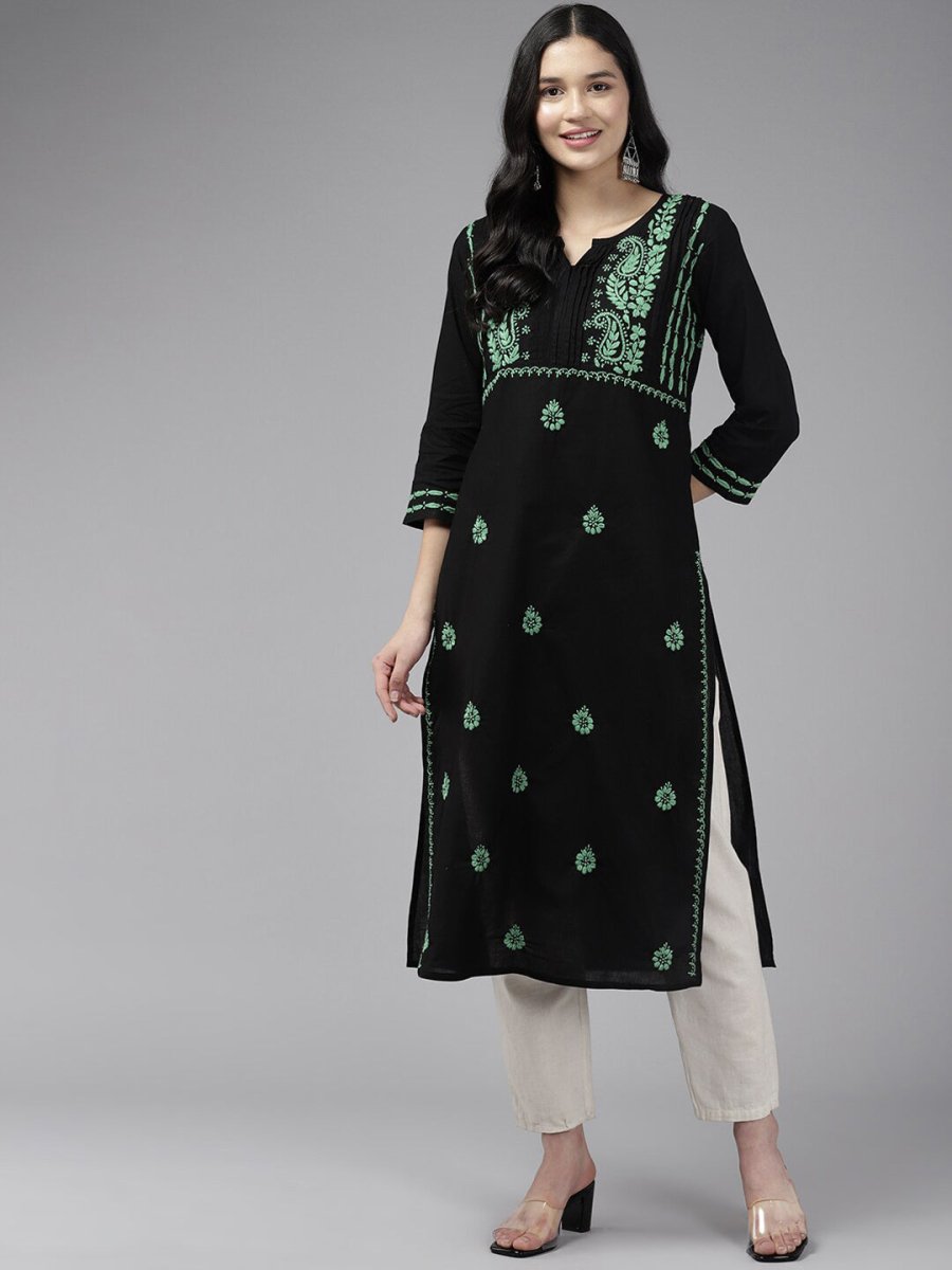 ADA Ethnic Motifs Embroidered Chikankari Cotton Straight Kurta - Distacart