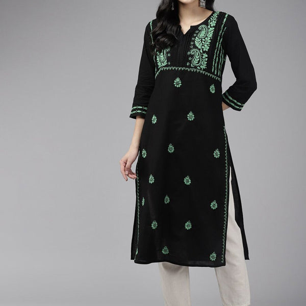 ADA Ethnic Motifs Embroidered Chikankari Cotton Straight Kurta - Distacart