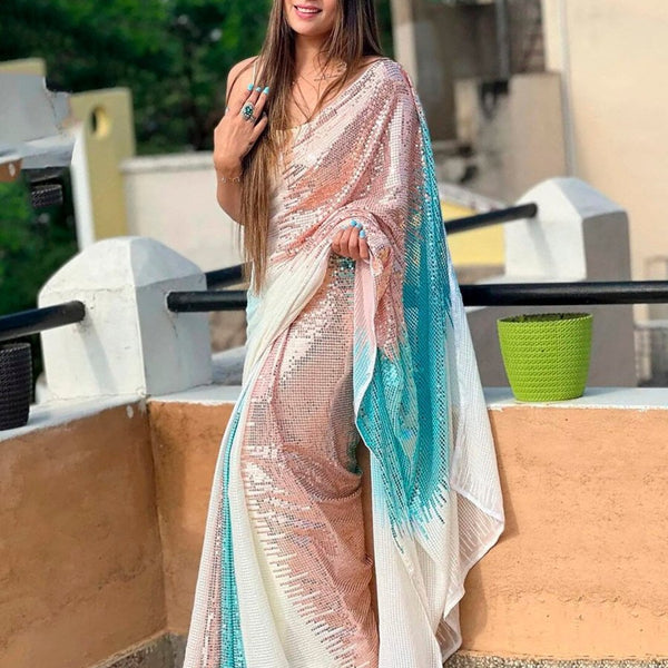 Anouk White & Rose Gold Embellished Sequinned Pure Georgette Saree - Distacart