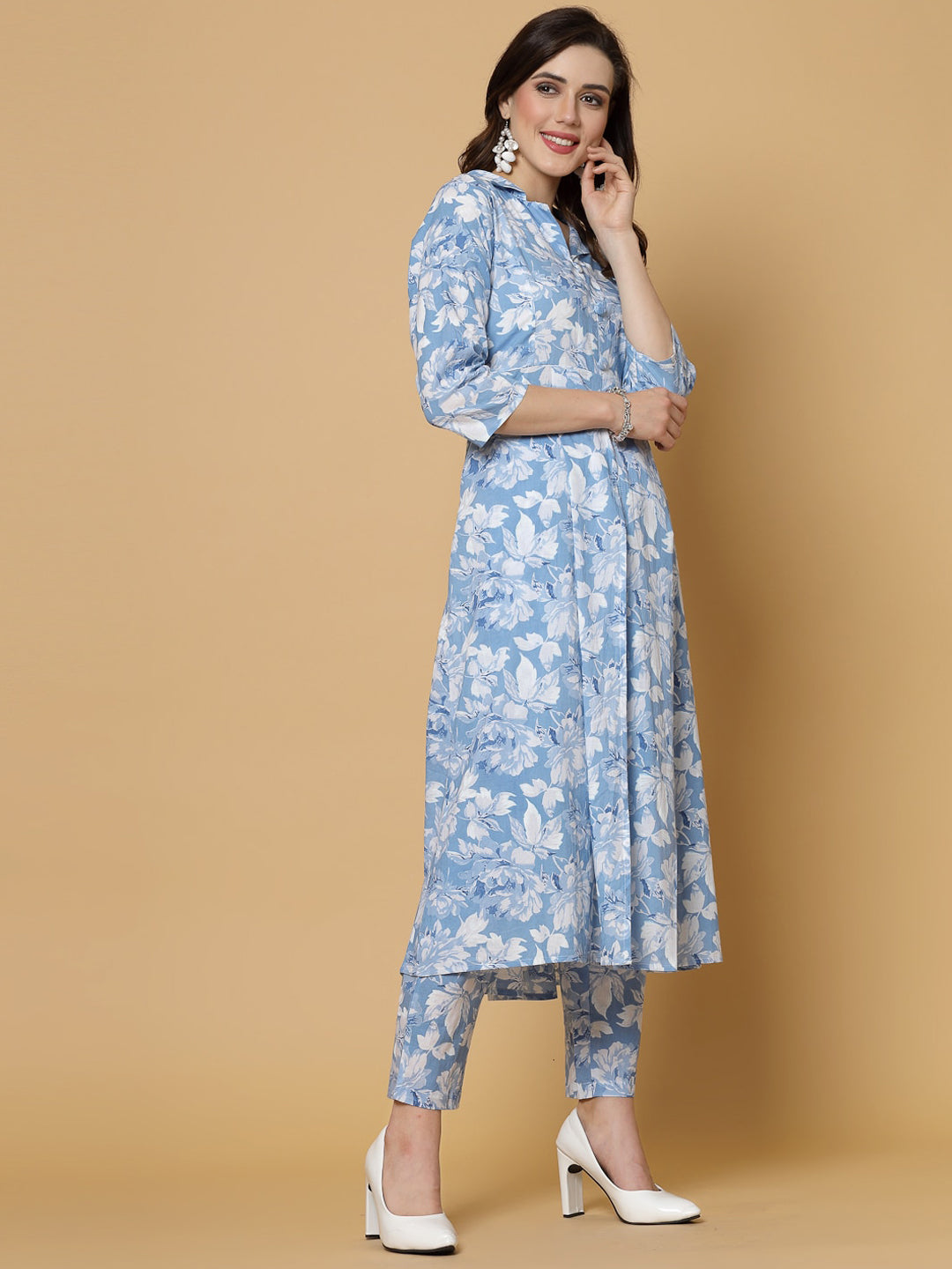 Kalini Floral Printed High Slit Pure Cotton Kurta with Trousers - Distacart