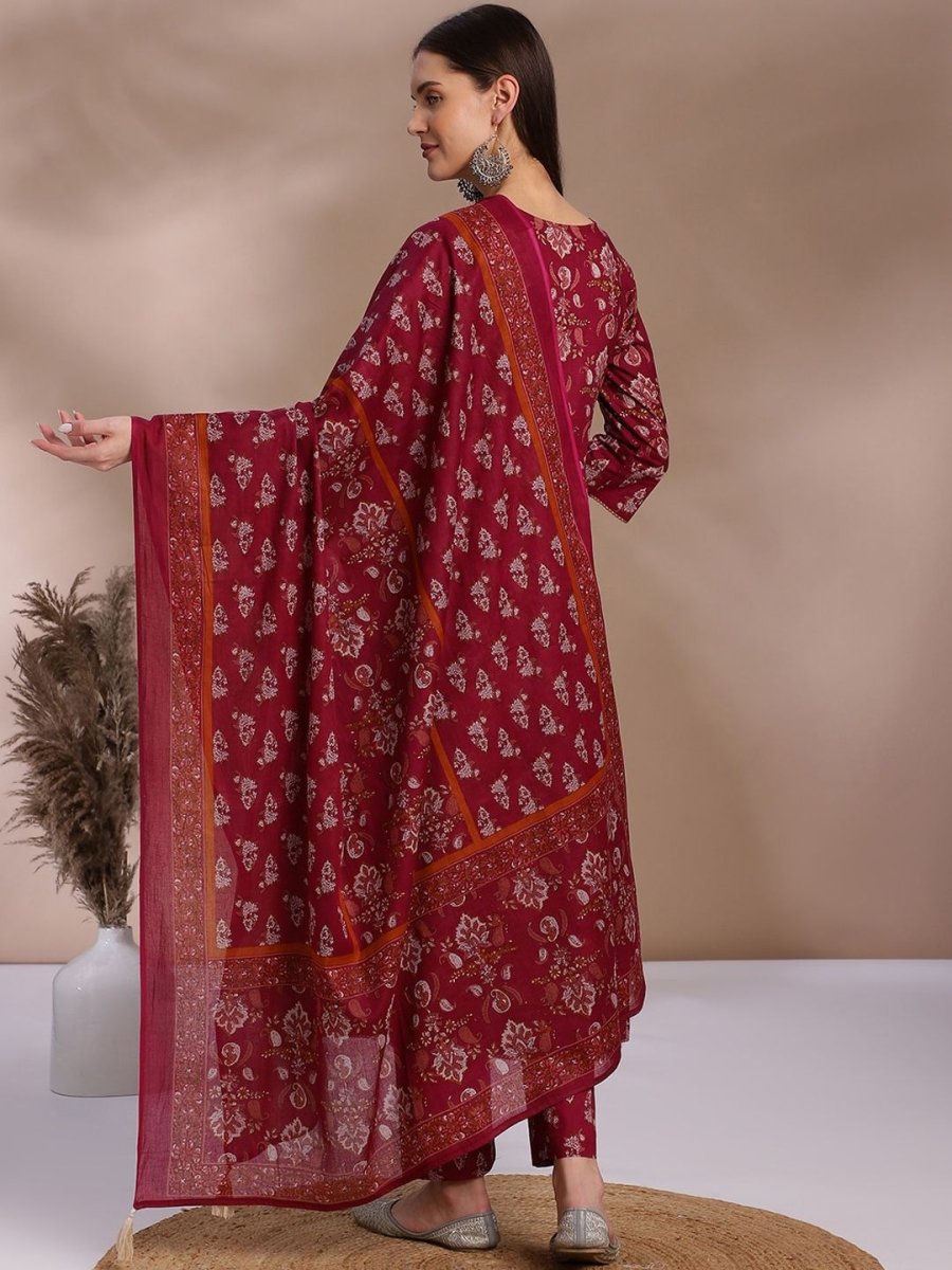 Anouk Maroon Printed Beaded Angrakha Anarkali Pure Cotton Kurta with Trousers & Dupatta