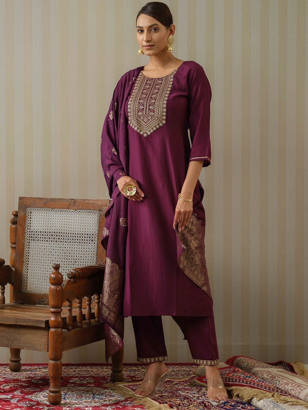 Ode by House of Pataudi Purple Ethnic Motifs Straight Kurta & Trousers With Dupatta - Distacart