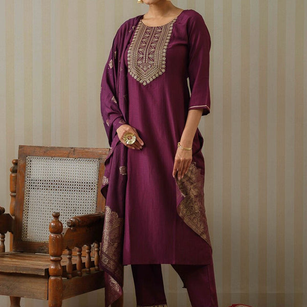 Ode by House of Pataudi Purple Ethnic Motifs Straight Kurta & Trousers With Dupatta - Distacart