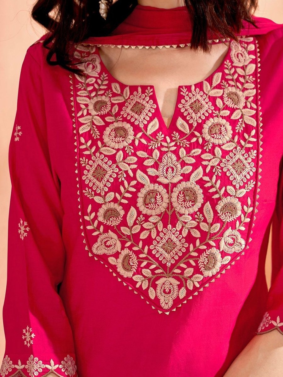 Anouk Pink Floral Yoke Design Thread Work Chanderi Silk Kurta With Trousers & Dupatta - Distacart