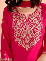 Thumbnail for Anouk Pink Floral Yoke Design Thread Work Chanderi Silk Kurta With Trousers & Dupatta