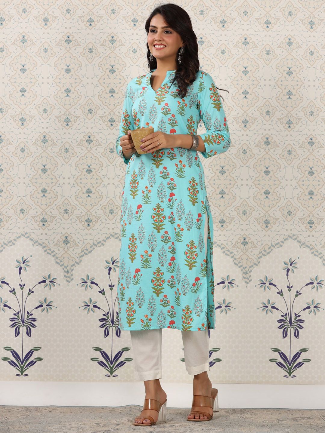 Ode by House of Pataudi Floral Printed Mandarin Collar Pure Cotton Kurta - Distacart