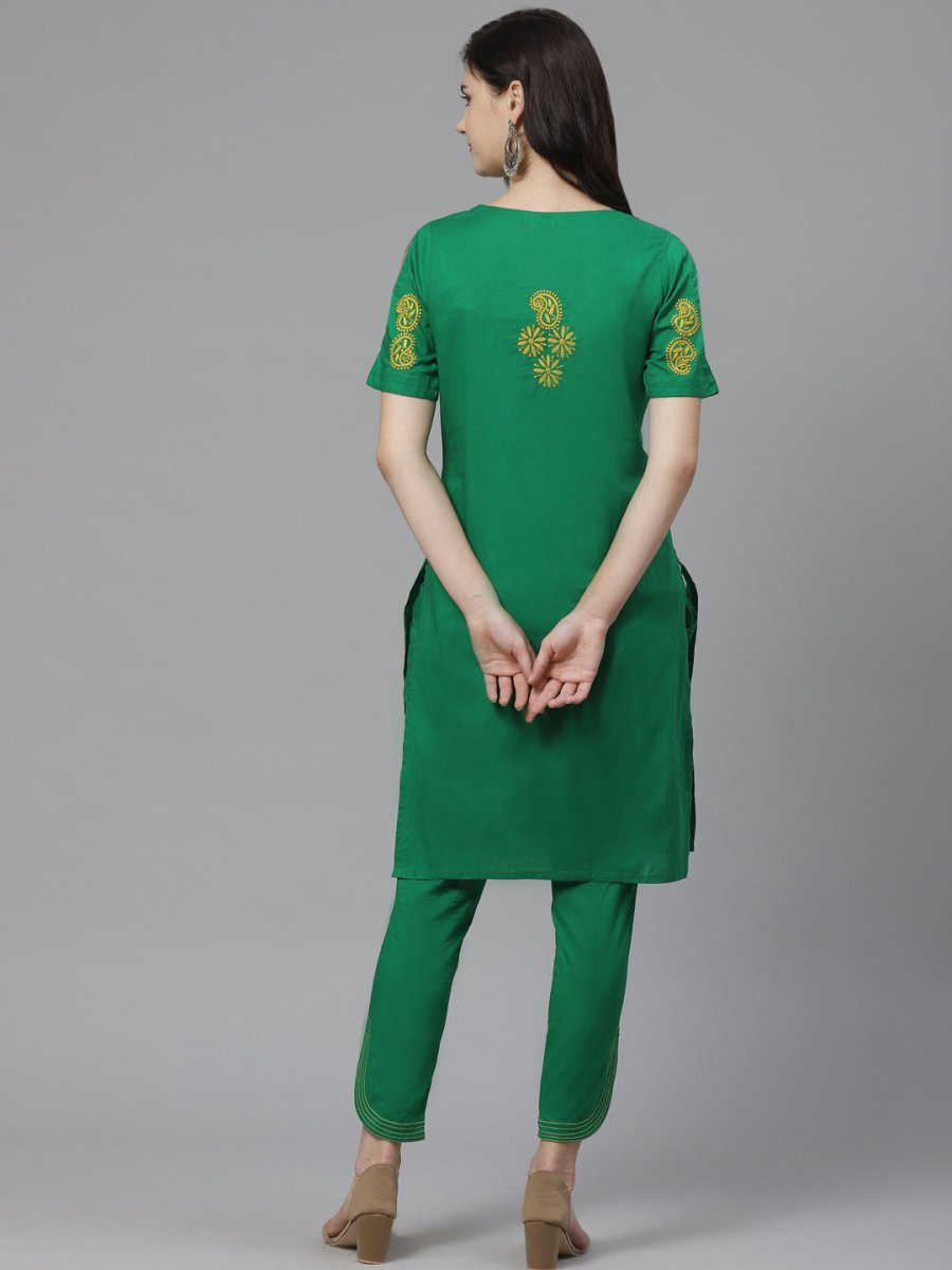 ADA Women Green & Yellow Paisley Chikankari Embroidered Sustainable Handloom Kurta with Trousers - Distacart