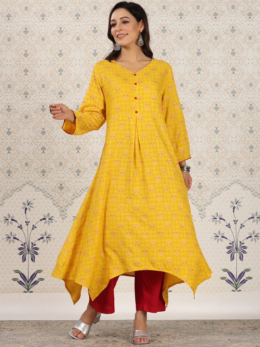 Ode by House of Pataudi Ethnic Motifs Printed V-Neck Asymmetric A-Line Kurta - Distacart