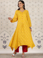 Thumbnail for Ode by House of Pataudi Ethnic Motifs Printed V-Neck Asymmetric A-Line Kurta - Distacart