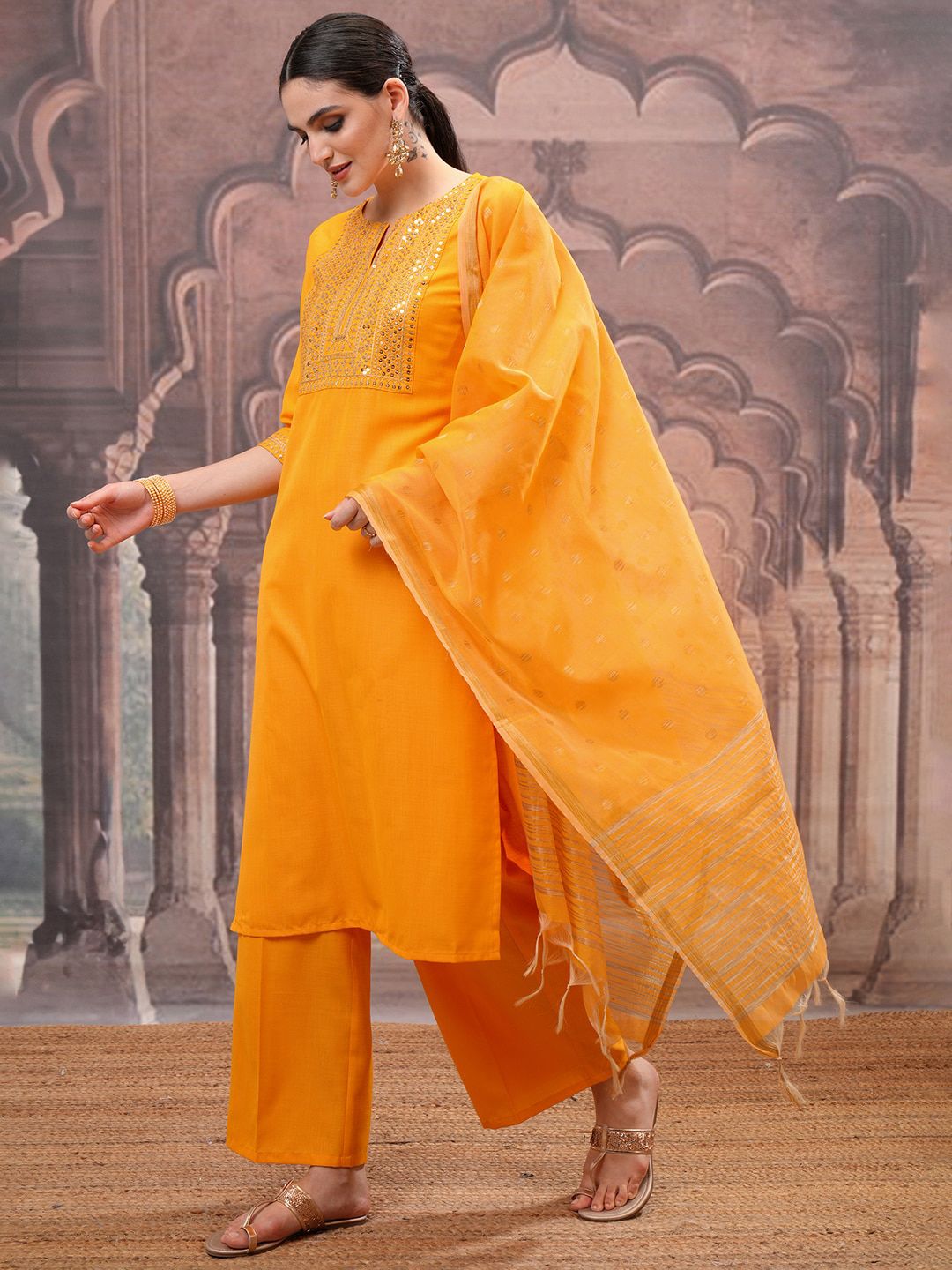 Vishudh Yellow Floral Embroidered Mirror Work Straight Kurta with Palazzo & Dupatta