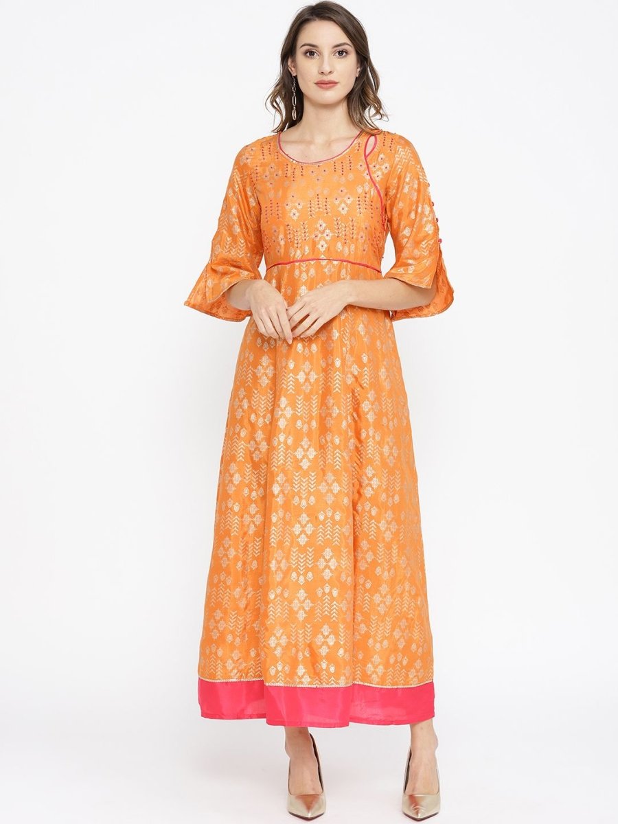AURELIA Women Orange & Golden Printed A-Line Dress - Distacart