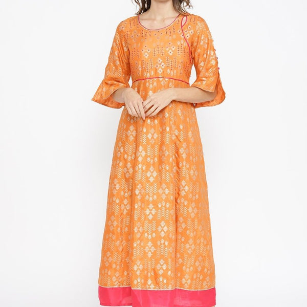 AURELIA Women Orange & Golden Printed A-Line Dress - Distacart