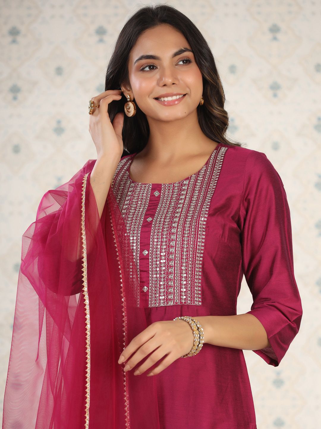Ode by House of Pataudi Ethnic Motifs Yoke Design Straight Kurta With Trousers & Dupatta - Distacart