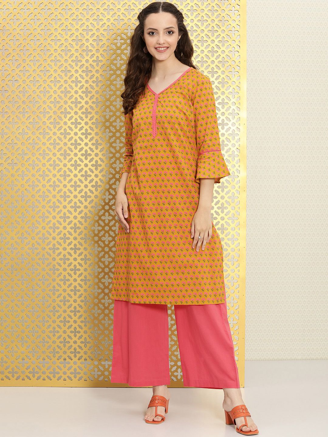 Ode by House of Pataudi Women Mustard Yellow Floral Printed Pure Cotton Kurta with Palazzos - Distacart