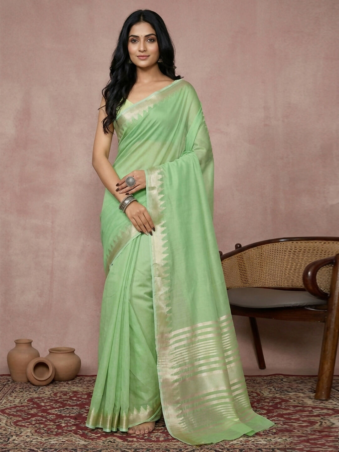 Shree Shyam Fashion Light Green Cotton Saree - Distacart