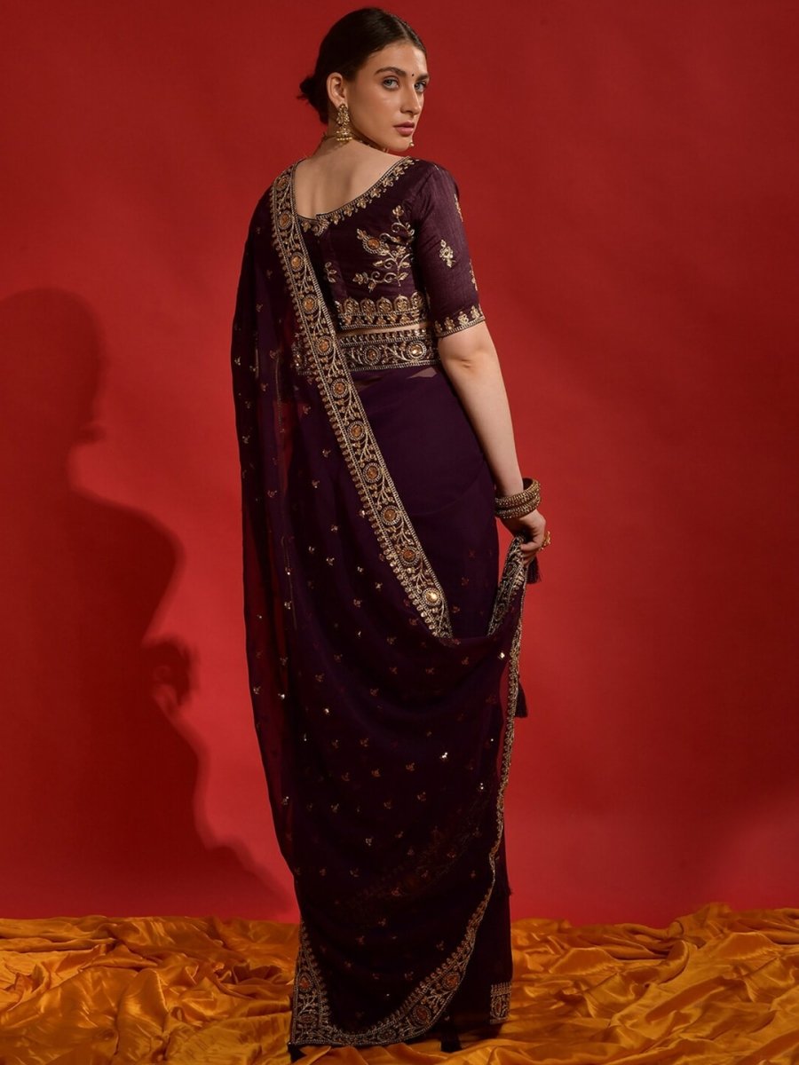 Anouk Purple & Gold-Toned Embellished Embroidered Pure Georgette Saree - Distacart