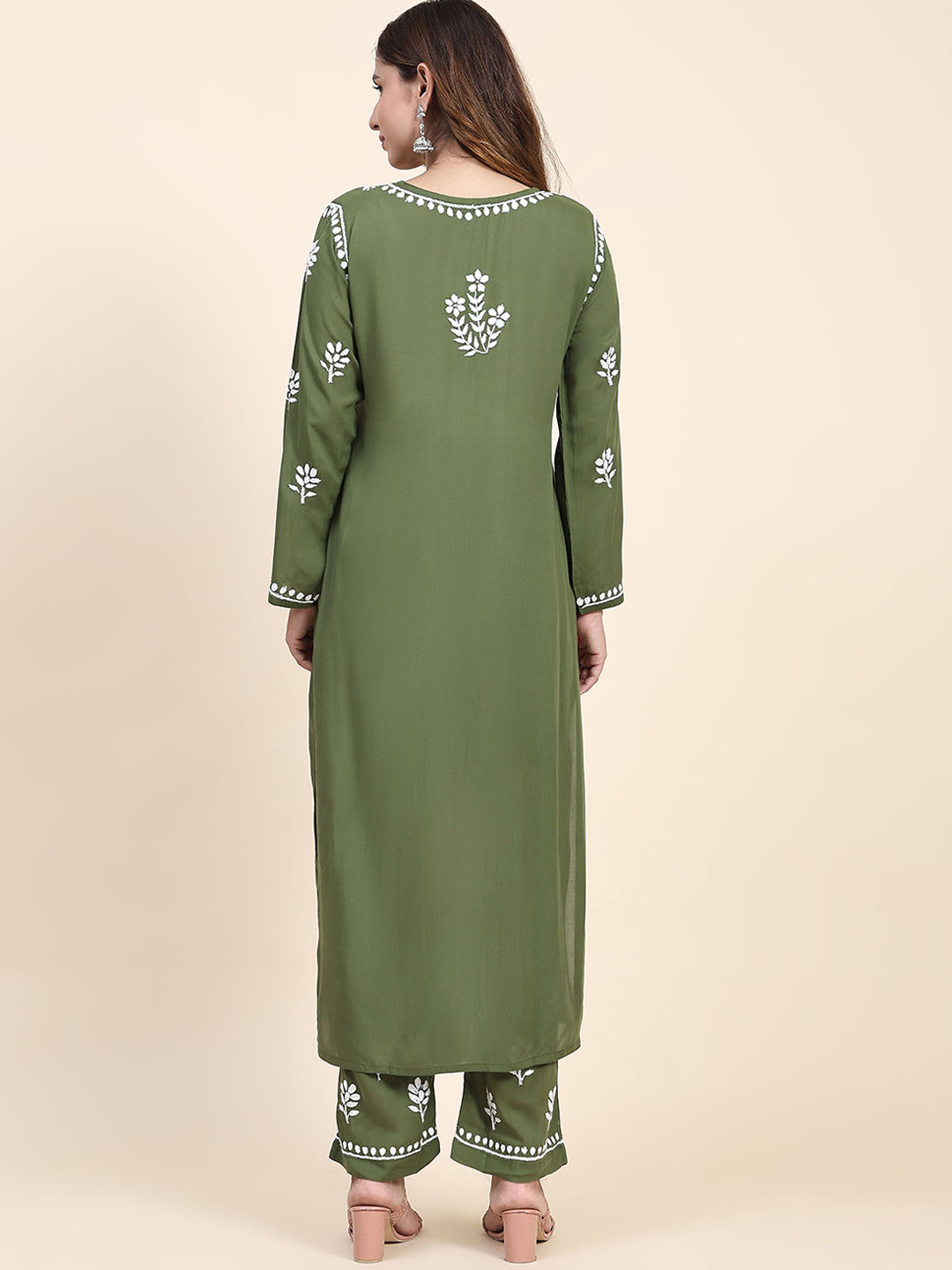 HOUSE OF KARI Floral Embroidered Thread Work Pure Cotton Kurta with Trousers - Distacart