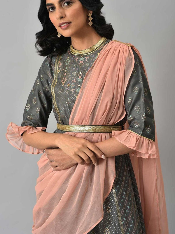 AURELIA Gunmetal-Toned & Peach-Coloured Ethnic Motifs Ethnic Maxi Ethnic Dress with Shawl