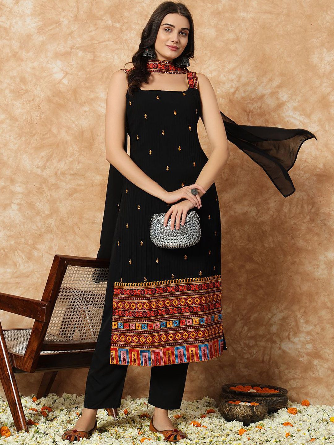 Kalini Floral Embroidered Regular Straight Kurta with Pyjamas & With Dupatta - Distacart