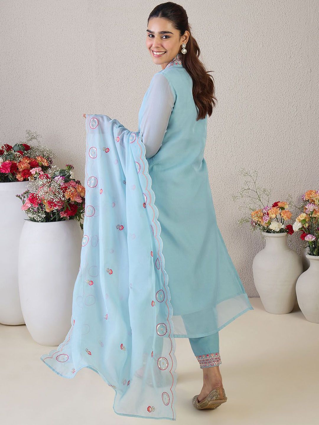 Indo Era Floral Embroidered V-Neck Thread Work Straight Kurta & Trousers & Dupatta