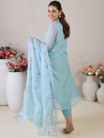 Thumbnail for Indo Era Floral Embroidered V-Neck Thread Work Straight Kurta & Trousers & Dupatta