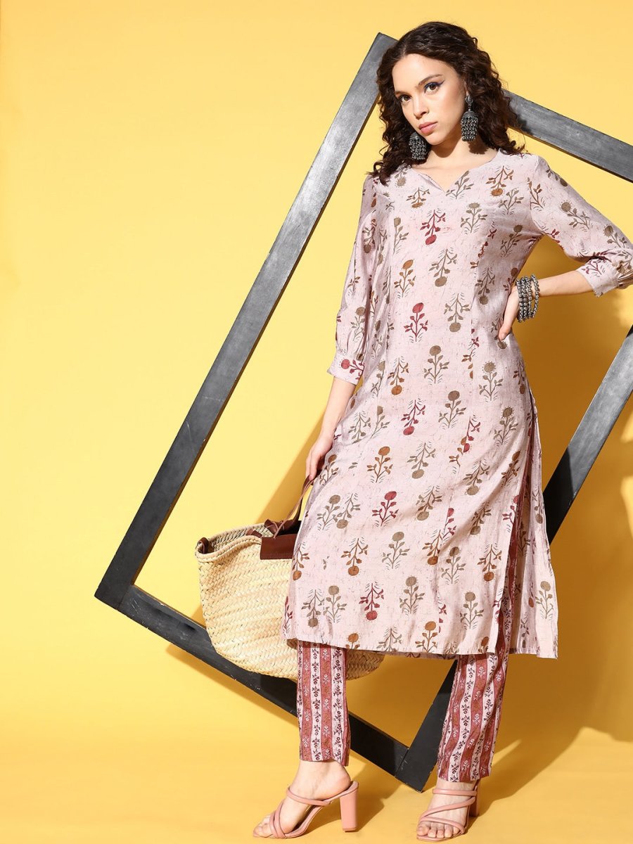 All About You Women Amusing Taupe Ethnic Motifs Print Parade Kurta with Trousers - Distacart