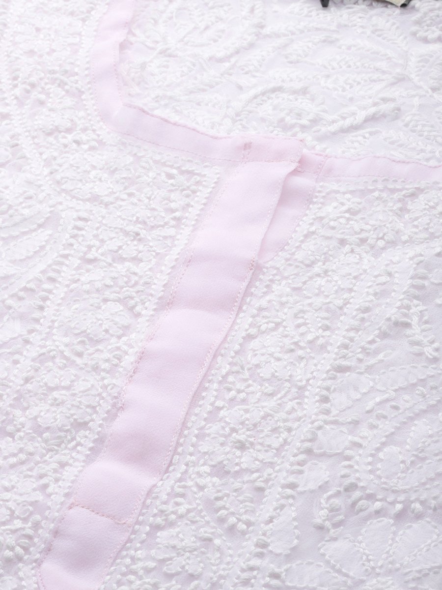 ADA Women Pink & White Chikankari Embroidered Handloom Kurta with Trousers - Distacart